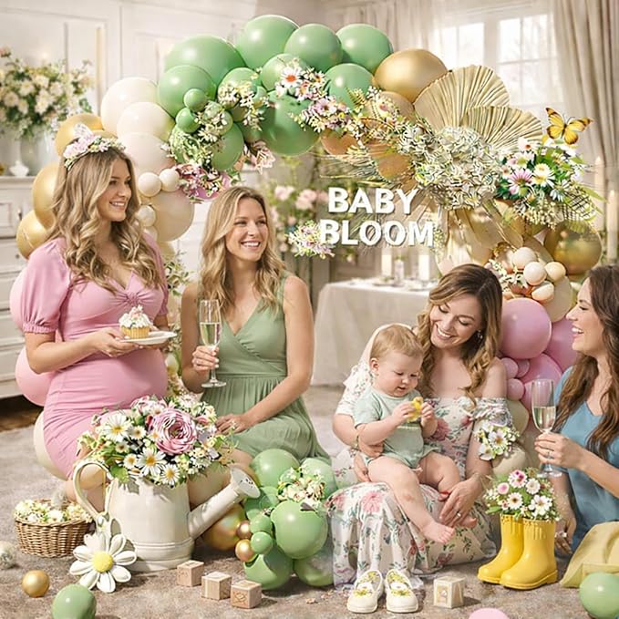 160pcs Baby in Bloom Balloon Arch Kit, Sage Green and Pink White Sand Metallic Gold Balloons for Baby in Bloom Spring Baby Shower Mother's Day Boho Birthday Party Decoration