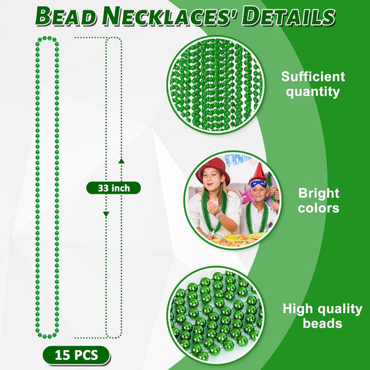 St Patricks Day Accessories, 15PCS Green Beads Necklaces Decorations, 33" Saint Patricks Day Mardi Gras Xmas Necklace Party Favor, Green Mardi Gras Beads Bulk for Wedding Birthday Holiday Parade Throw