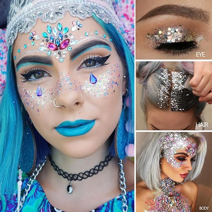MEICOLY Gold Body Glitter,Yellow Face Glitter,Music Festival Singer Concert Outfits for Women,Holographic Hair Glitter Kids Makeup,Self-Adhesive Sparkle Face Body Glitter,Mardi Gras Accessories