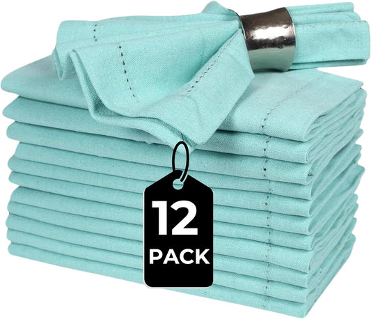 Bedding Craft Cotton Cloth Dinner Napkins Set of 12 – 18x18 Aqua with Hemstitched Mitered Corners – Reusable Machine Washable Napkins for Weddings, Parties & Table Decorations