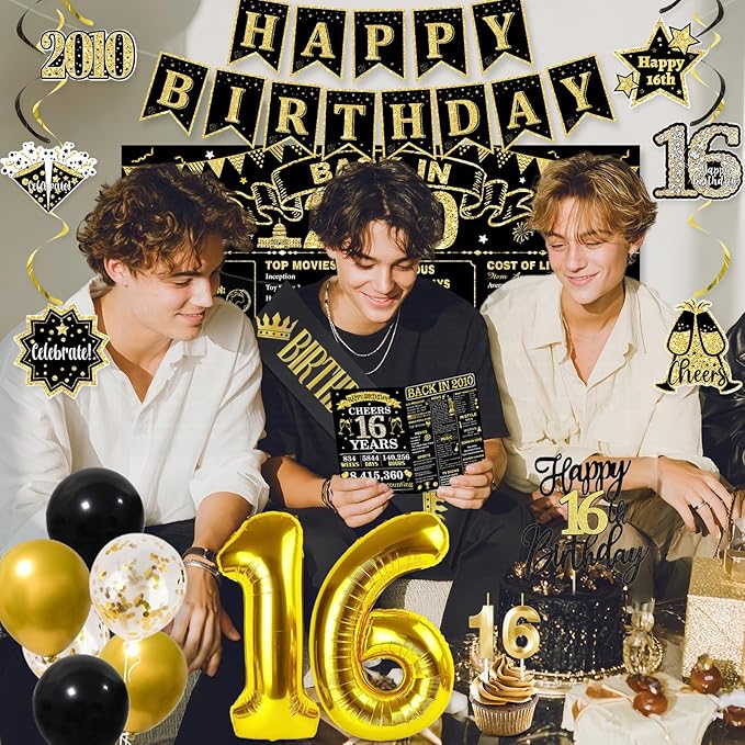 16th Birthday Decorations for Boys, Black Gold Back in 2010 Party Supplies Kit with Banner, Backdrop, Balloons, Cake Topper & Sash, 16 Year Old Birthday Party Decor Boy