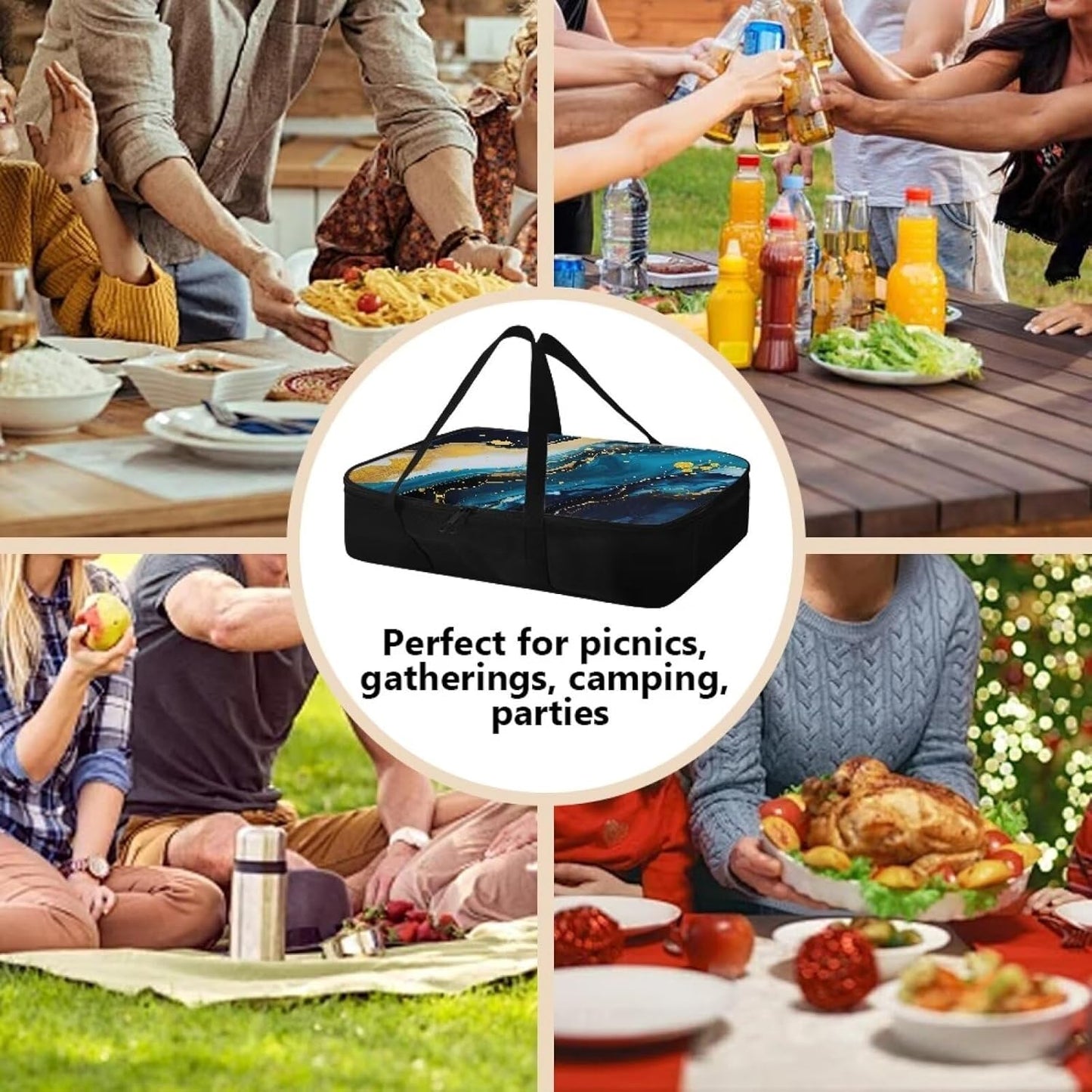 Marble Print Insulated Casserole Carriers Lasagna Holder Tote Reusable Hot Cold Food Carrier with Heat Resistant Lining for Hot or Cold Food Travel Potluck Parties Picnic Cookouts Beach