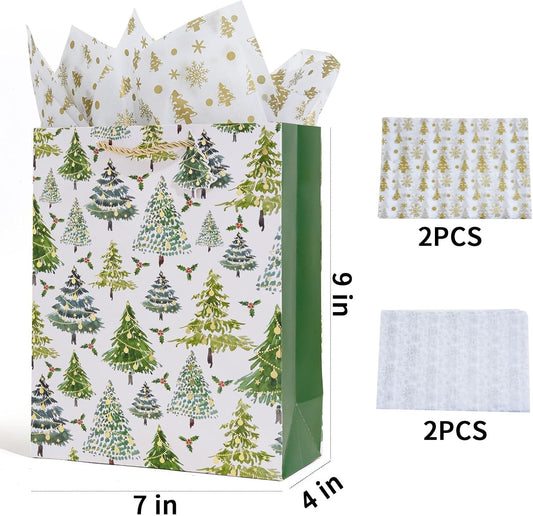 Enfoldia 4 Pack 9" Medium Christmas Paper Gift Bags with Handles Tag Gold Silver Tissue Paper Holiday Goody Treat Bags Xmas Treat Gift Wrap Party Favor Supplies Winter Weddings Present Wrapping Bulk