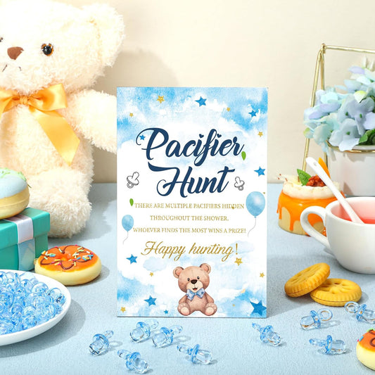 Thyle 51 Pcs Pacifier Hunt Baby Shower Games Include Hunt Sign and 50 Acrylic Pacifiers for Baby Shower Game Decoration Gift Sets Gender Reveal Party Decor(Blue Bear)