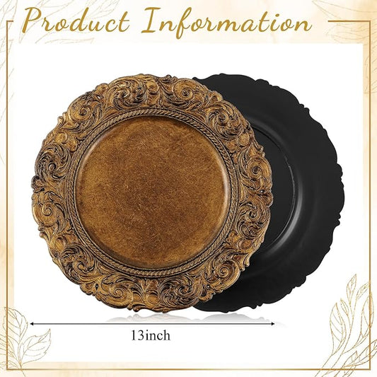 12 Pcs Antique Gold Charger Plates Bulk 13 Inch Embossed Rim Plastic Round Decorative Vintage Plates Charger for Dinner Wedding Party Event Table Setting Decoration (Classic)
