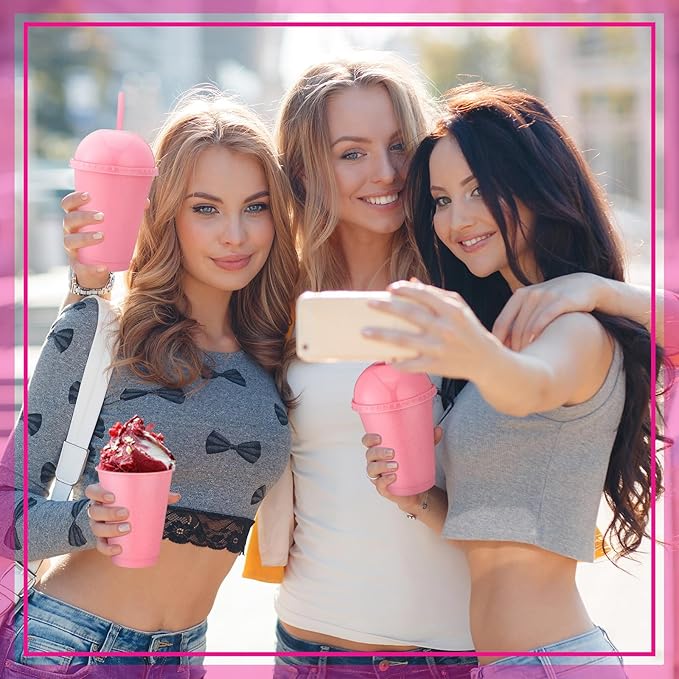 6 Set Slushie Cups with Dome Lids and Straws Detachable Spoon Straws Reusable Plastic Iced Coffee Cups Smoothie Tumbler for Birthdays Summer Party Supplies(Pastel Pink,16 oz)