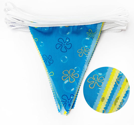 32Ft Cartoon Sponge Party Decorations Yellow Blue Flowers and Bubble Printed Triangle Flag Pennant Banner Fabric Garland Streamer for Kids Sponge Birthday Crtoon Baby Shower Party Decor