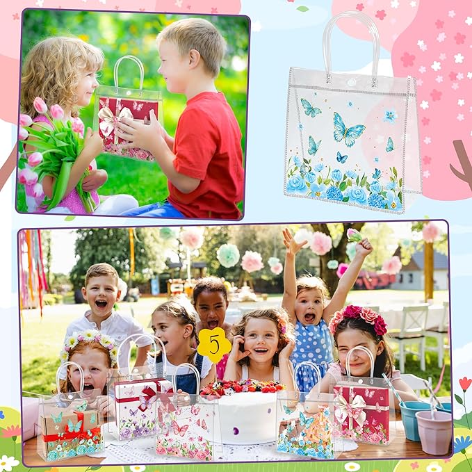 H1vojoxo Spring Butterfly Gift Bags - 24PCS Spring Butterfly Clear PVC Gift Bags with Handle Bulk 7.9x3.2x7.9 Inches Reusable Goodie Snack Treat Plastic Gift Wrap Tote Bag for Baby Shower Wedding