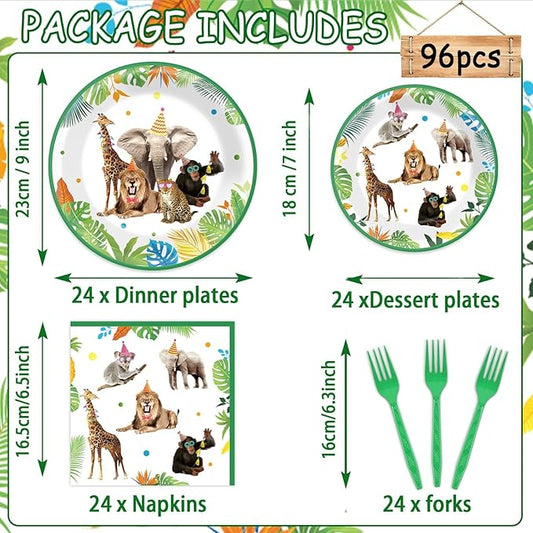 96Pcs Jungle Birthday Party Plates and Napkins Safari Animals Themed Party Decorations Jungle Theme Party Disposable Tableware Set for 24 Guests Wild Animals Gold Safari Zoo Birthday Favors Supplies