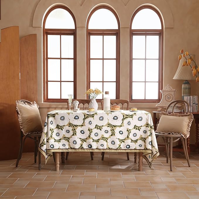 Designer Vintage Rectangular Tablecloth,Linen French Tablecloth with White Floral Pattern,Decorative Table Cover for Kitchen,Dining,Thanksgiving,Tea Party,63" × 87"-Hidaka