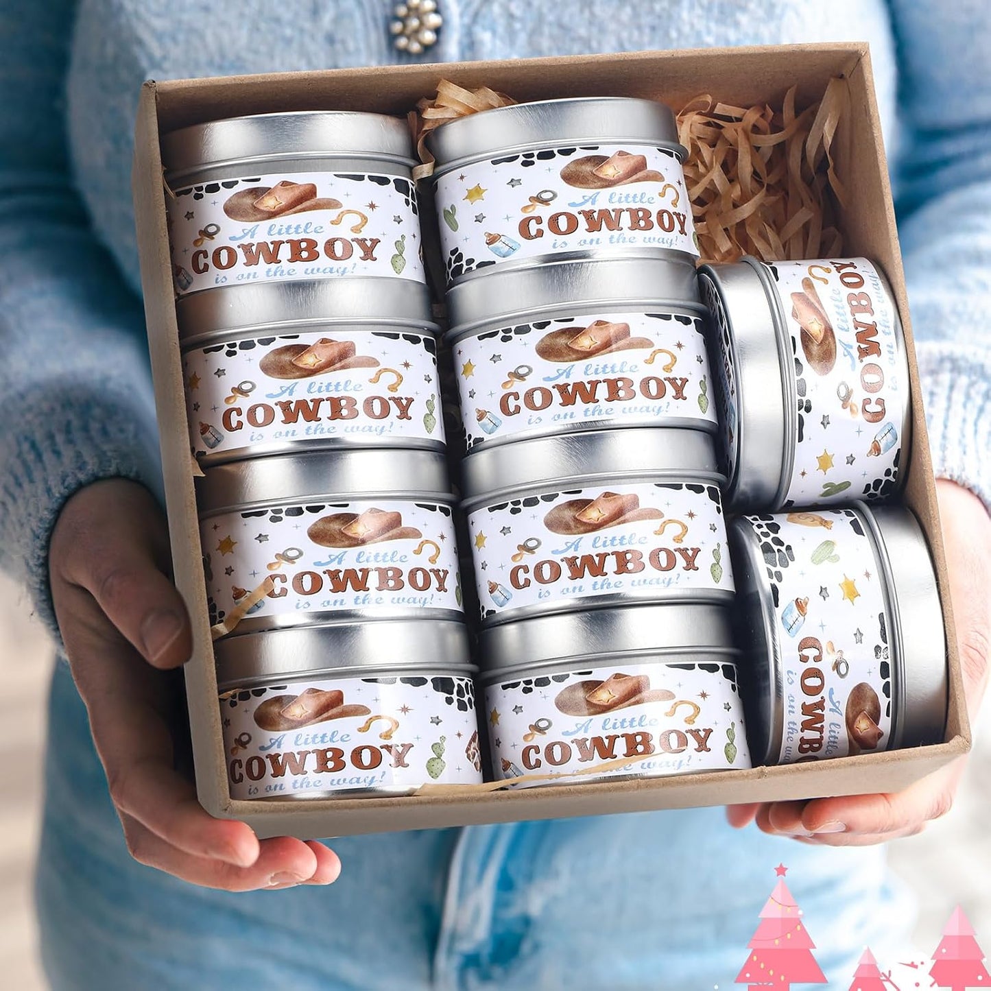 MTLEE 24 Pcs Cowboy Baby Shower Party Favors Candles Lavender Scented Baby Shower Favors for Guests Rustic Tealights Candles Gender Reveal Return Gifts Girl Boy(1.2 Oz, White)