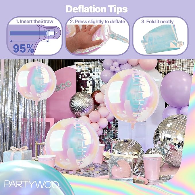 PartyWoo Iridescent Foil Balloons 6pcs 22 Inch Large Round Foil Big Giant 4D Jumbo Inflatable Mirror Ball Mylar Balloons for Wedding Anniversary Birthday Baby Shower Disco Party Decorations