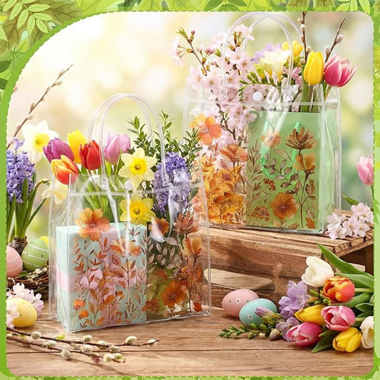 Tioncy 24 Pcs Spring Floral Clear Gift Bags Boho Flower Transparent candy Bags with Handle Wild Floral PVC Treat Bag for Wedding Favors Birthdays Supplies