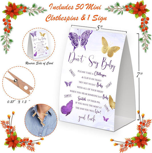 Purple Gold Butterfly Shower Decoration,Don't Say Baby Baby Shower Game,Gender Neutral Baby Shower Decorations,Small Clothespin Game,Baby Shower Ideas,Baby Shower Games 50 Guest,Fall Party Games