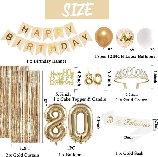 Trgowaul 80th Birthday Decorations for Women, Banner, Sash and Crown, Cake Topper, 80 Number Balloon, Fringe Curtains, Champagne Gold 80th Birthday Party Supplies