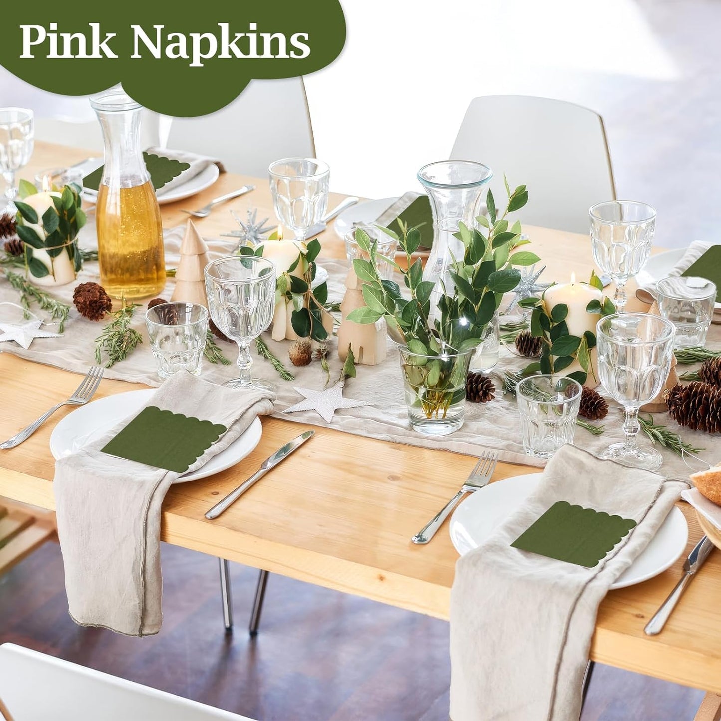 100 Pcs Cocktail Napkins, 2-Ply 5 x 5 Inches Disposable Scalloped Napkins, Thick Premium Dessert Napkins for Party, Wedding, Dinner, Birthday, Anniversary, Festival (Green)