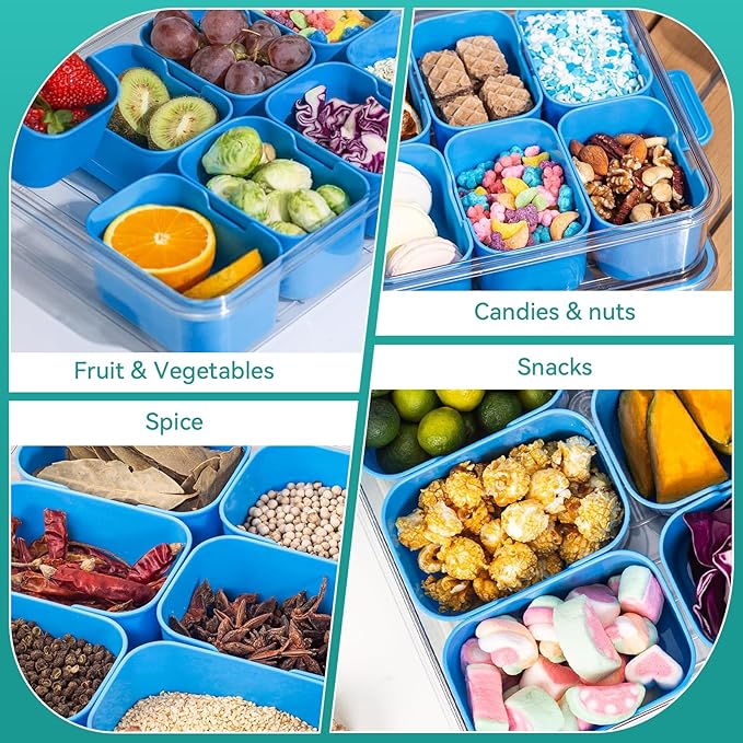 Snackle Box Container, Divided Serving Tray with Lid and Handl 8 Compartments Snacks Box,Candy Snack Fruit and Veggie Tray, Suitable for Picnics Trips Parties and Holidays