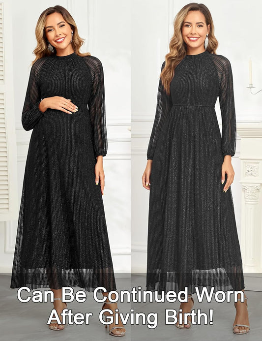 Maternity Sparkly Mesh Dress Halter Neck Sleeveless A Line Pregnancy Dresses Semi Formal Baby Shower Photoshoot