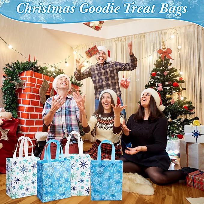 Wovnet 30 Pcs Christmas Bags Bulk Blue and White Snowflake Winter Merchandise Gift Bags with Handles Reusable Non Woven Tote Shopping Goodie Pouch for Xmas Party Favors Supplies 10 x 8 x 4in