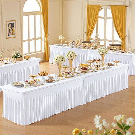 Suppromo 6ft White Spandex Tablecloths for Rectangle Tables Wrinkle Free White Table Cloth Rectangle Stretch Fitted Table Cover with Skirt for Wedding Birthday Party Banquet Baby Shower Buffet Event