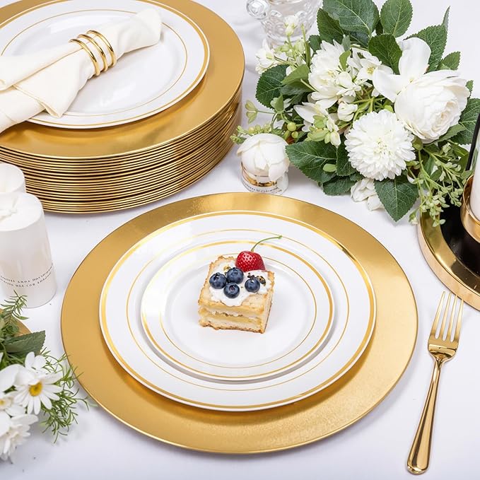 EI 13 Inch Gold Charger Plates,20pcs Round Charger Plates Bulk,Plastic Plate Chargers & Service Plate for Wedding,Party