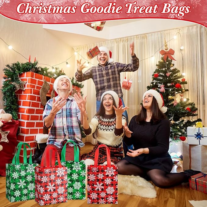 Wovnet 30 Pcs Christmas Bags Bulk Snowflake Plaid Winter Merchandise Gift Bags with Handles Reusable Non Woven Tote Shopping Goodie Pouch for Xmas Party Favors 10 x 8 x 4in