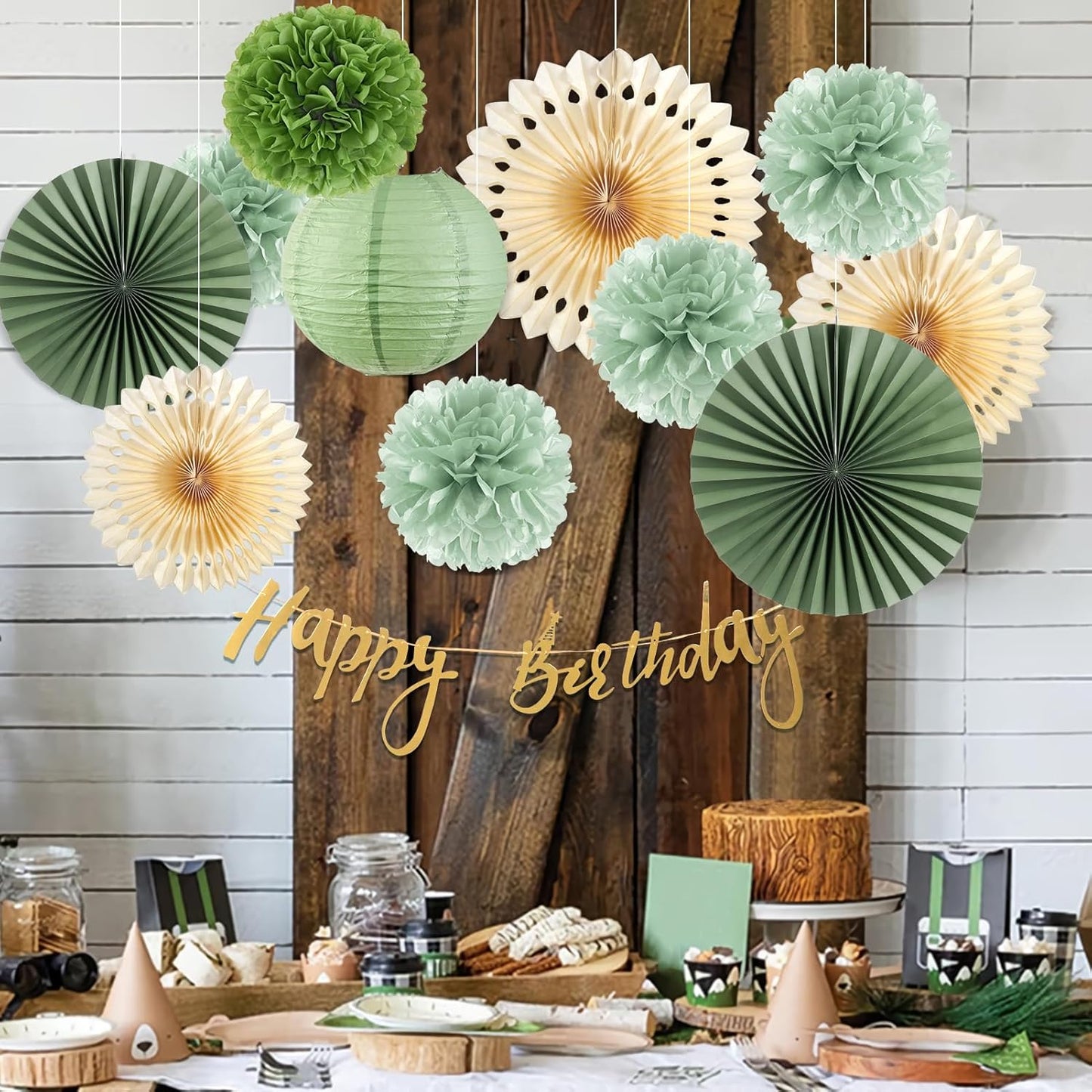 SUNBEAUTY Sage Green and Cream Tissue Pom Poms Paper Lanterns Party Decorations for Girls Women with Happy Birthday Banner Sage Green Paper Fans Tissue Pom Poms Lantern Birthday Decorations Kit