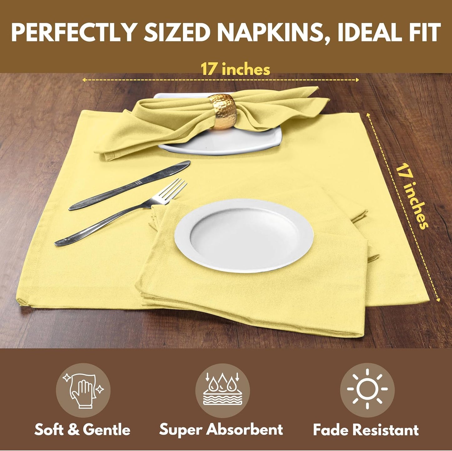 Native Fab Cloth Napkin Set of 12, 100% Cotton, Washable, Reusable Dinner Cloth Napkin 17x17 inches, Table Decor Napkins for Dinner, Events, Sandal Yellow
