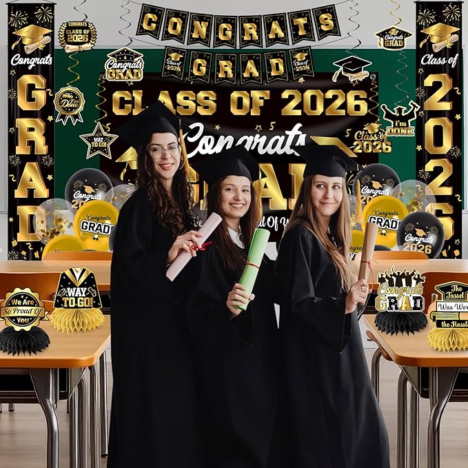 Graduation Decorations Class of 2026 Black and Gold Party Decor Set include Congrats Grad Banner Graduation Backdrop Class of 2026 Balloons Party Supplies