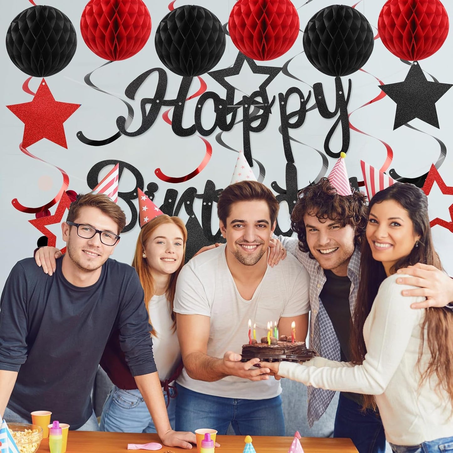 Birthday Decorations, NO DIY, Pre-Strung Happy Birthday Banner with Honeycomb Balls, Hanging Swirls, Circle Dots Garland, Happy Birthday Party Decorations for Women Men Boy Girl (Red&Black)