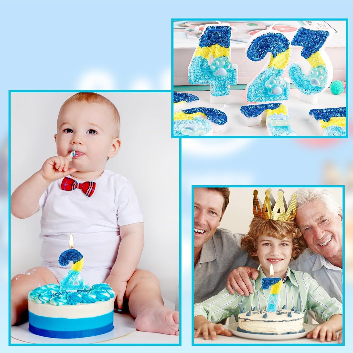 Honglus Glitter Blue Dog Paw 2 Candle for Birthday Blue Number 2 Candle Dog Paw Two Glitter Cake Topper for 2nd Birthday Party Supplies Anniversary Decorations