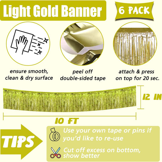 6 Pack 10 Feet Foil Fringe Garland Metallic Tinsel Banner Wall Hanging Curtain Streamers Backdrop for Parade Floats Bachelorette Wedding Birthday Party Thanksgiving Christmas Decorations(Light Gold)