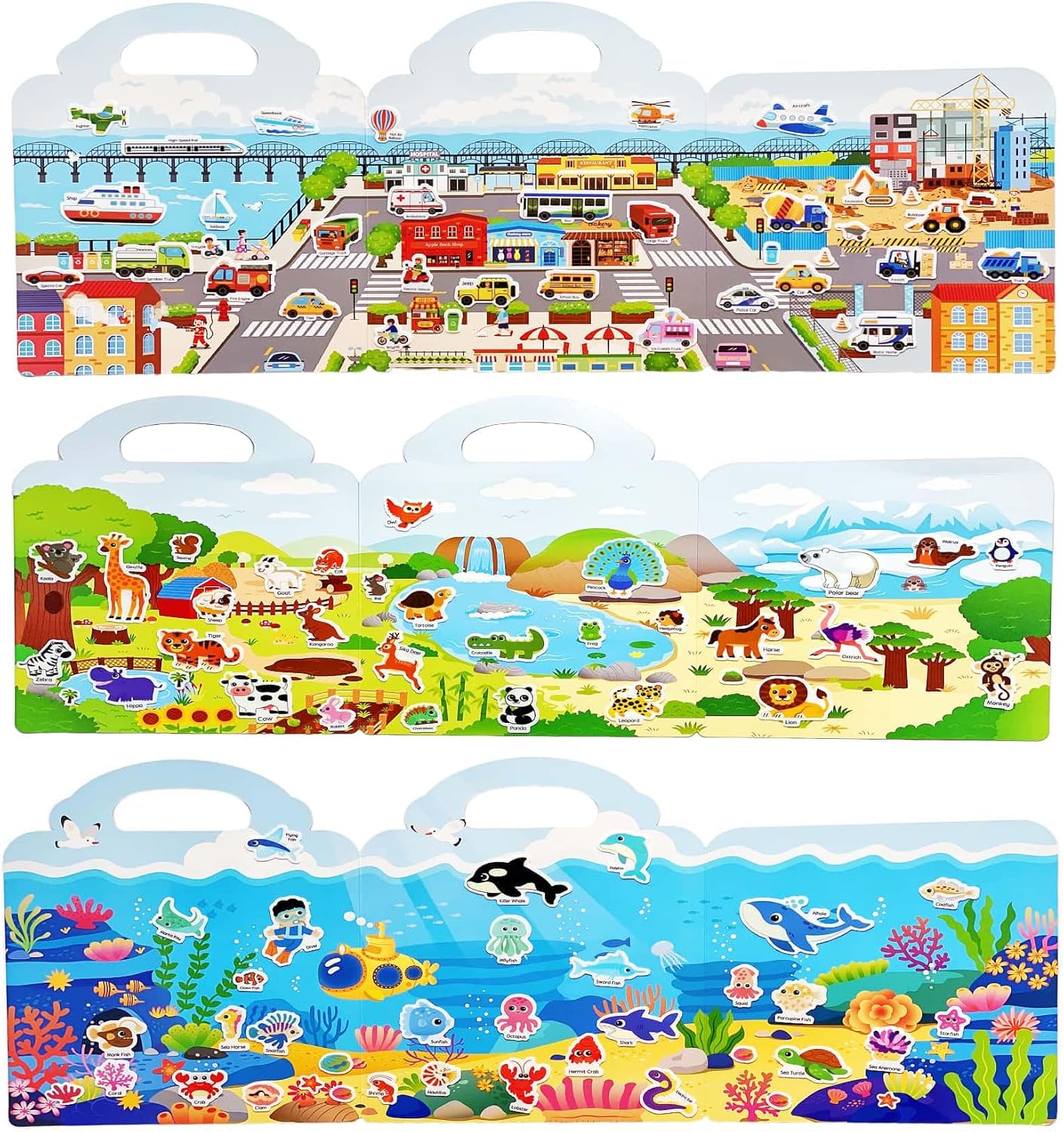 3 Sets Reusable Sticker Book for Toddlers 3+ Years - Waterproof Sticker Books for Kids, Travel Toys with Stickers for Kids, Perfect for Restaurant & Plane Use, Birthday Gifts for Girls Boys