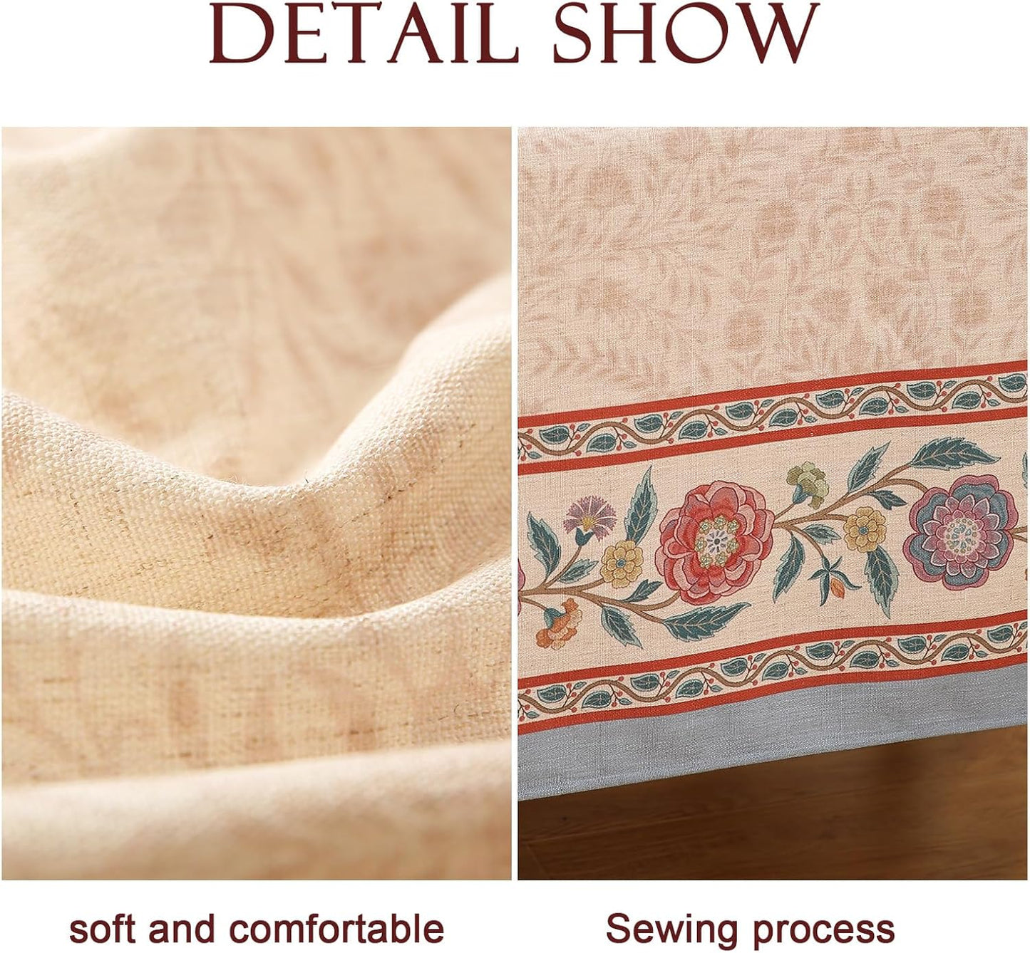Beige Linen Rectangle Tablecloth,Vintage Indian Style Soft and Colorfast Floral Tablecloths,Decor Table Cover for Kitchen,Dining,Party,Thanksgiving,Christmas,63"*87"-Flowershadow E