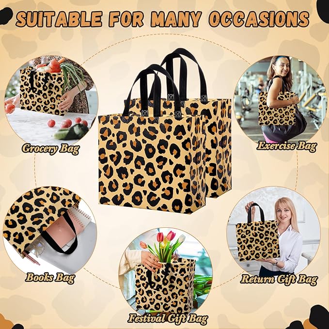 Abbylike 30 Pack Leopard Print Reusable Gift Bag Bulk Large Brown Animal Print Shopping Bag for Jungle Birthday Party Favor