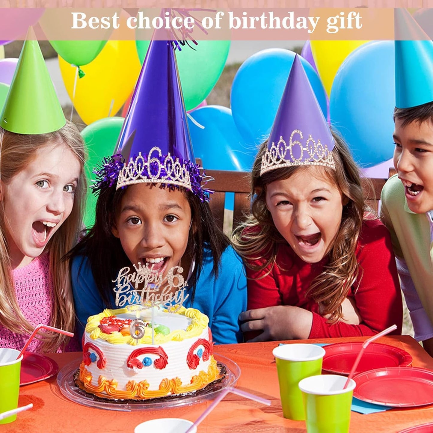 Rose Gold 6th Birthday Decoration Set for Girls – Sash, Crown, Cake Topper & Number Candle