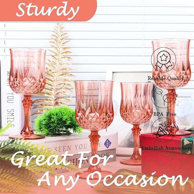 Plastic Wine Glasses, Plastic Goblets Vintage Style Cordial Unbreakable Drinking Glasses, Reusable Drinkware for Wedding Reception, Grand Event Party Supplies, Easter (48, Rose Gold)