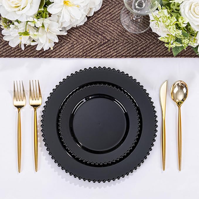 U-QE 60PCS Black Plastic Plates - Heavy Duty Black Disposable Plates Including 30PCS 10.25'' Dinner & 30PCS 7.5'' Dessert Plates -Hard Plastic Plate for Party Wedding Bridal Shower