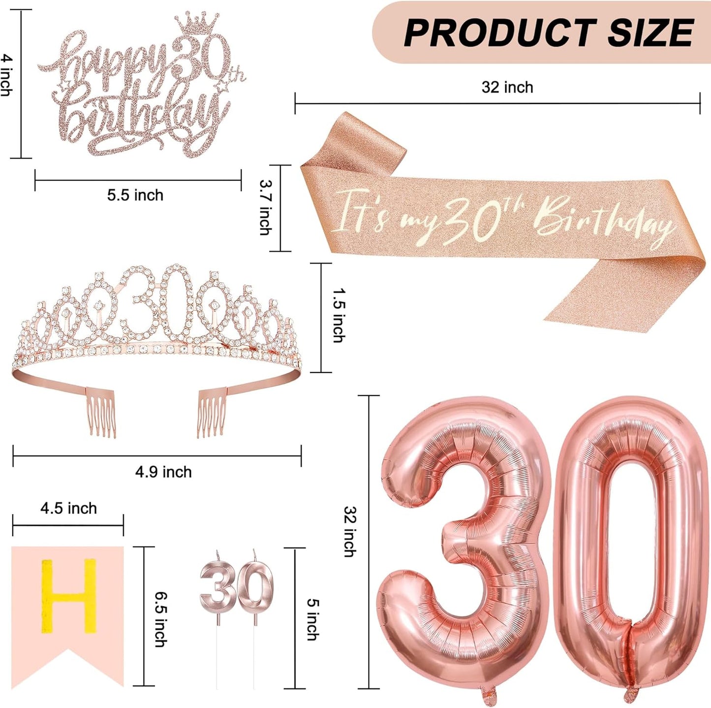 30th Birthday Decorations for Her, Including 30th Tiara and Sash, Happy Birthday Banner, Cake Toppers, Number Candles and Balloons Set, Rose Gold