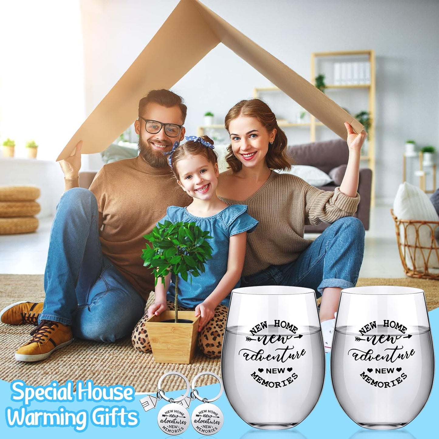 Lallisa 4 Pcs Housewarming Gifts for New House 2 Stemless Wine Glasses Bottle and 2 New Home Keychain Adventures Keyrings for Newlywed Couple, Friends, Apartment Homeowner Newlywed