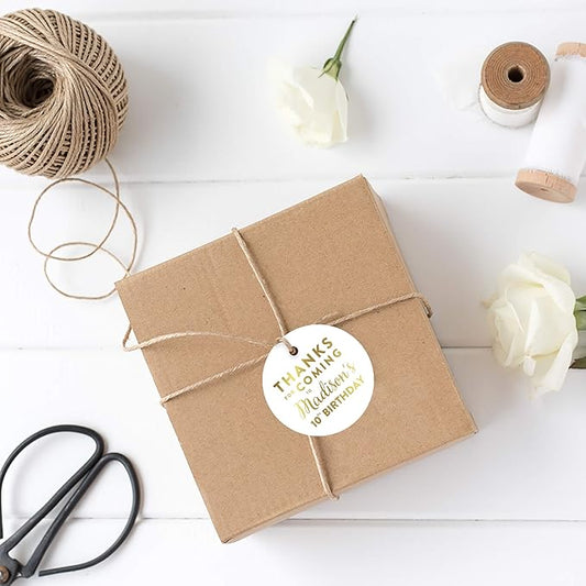 Andaz Press Personalized Round Circle Birthday Gift Tags, Metallic Gold Ink, Thanks for Coming to Madison's 10th Birthday Block Style, 24-Pack, Custom Made Name Age
