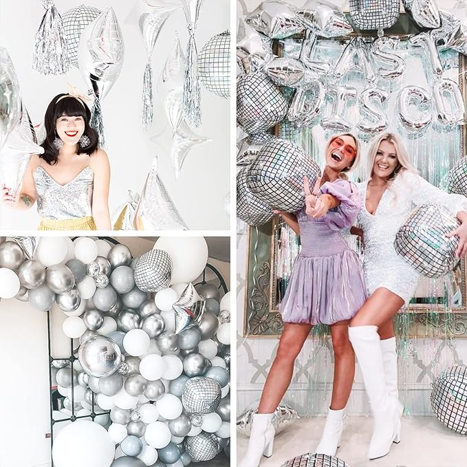 PartyWoo Silver Disco Ball Foil Balloons 6pcs 22 Inch Large Round Foil Big Giant 4D Jumbo Inflatable Mirror Ball Mylar Balloons for Graduation Birthday Engagement Space Themed Party Decorations