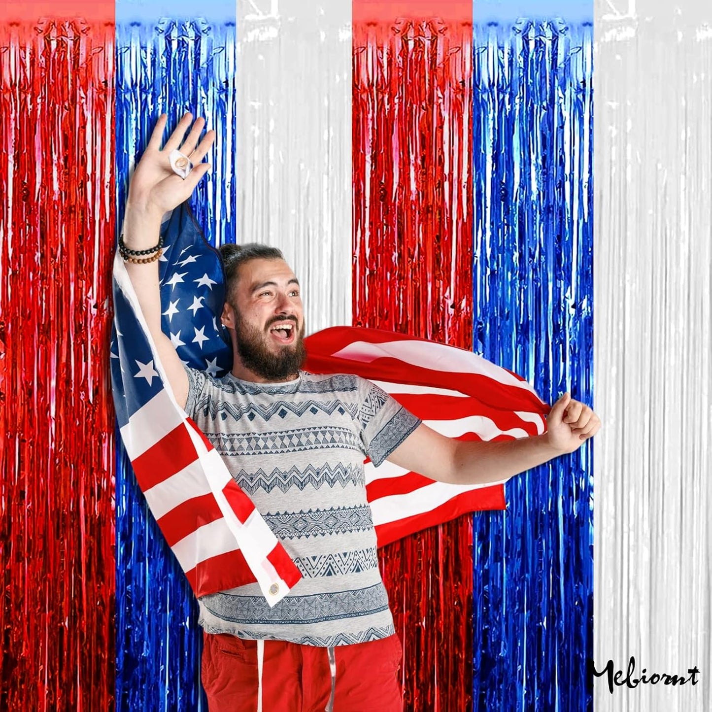 4 Pack 3.2Ft x 9.8Ft Independence Day Fringe Curtain Backdrop, Red Blue White Metallic Tinsel Foil Fringe Streamers Curtains Background for Photo Booth Birthday Wedding Carnival Party Decorations
