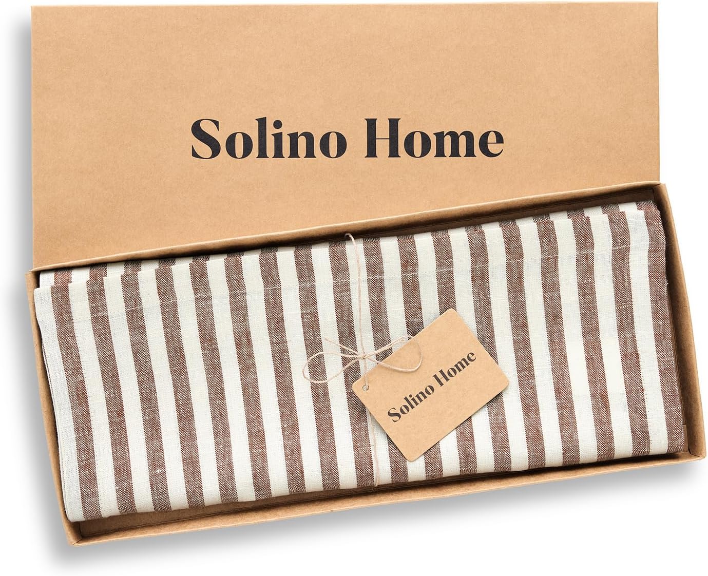 Solino Home Linen Table Runner 144 Inches Long - Amalfi Stripe, 100% Pure Linen Brown and Cream Farmhouse Table Runner 14 x 144 Inch for Dining, Fall, Autumn, Thanksgiving