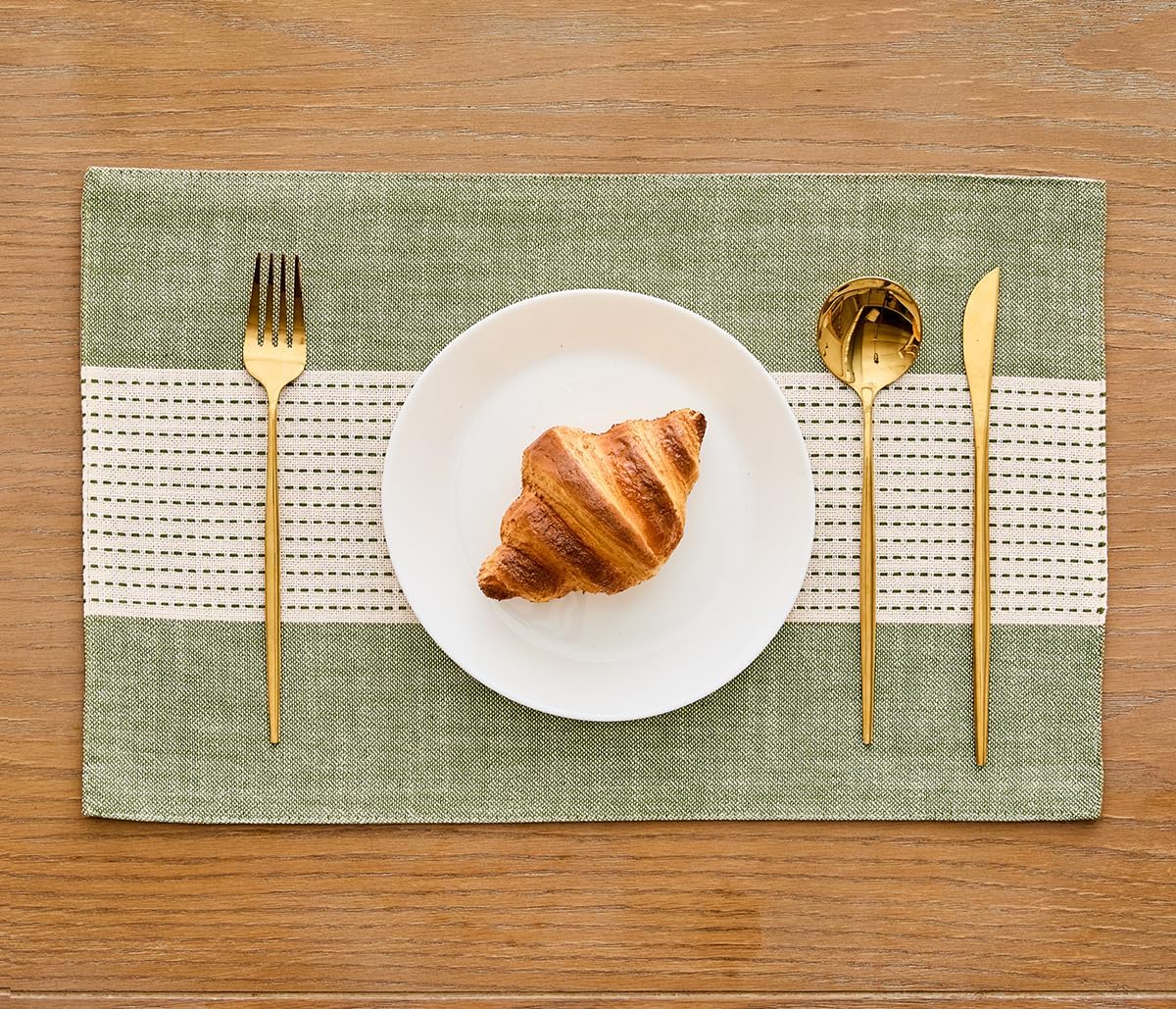 Wracra Linen Placemats, 12 x 18 Inch Set of 4 Placemats, Farmhouse Macrame Place Mats for Kitchen Table and Heat Resistant-Hemstitch Sage Green 4PCS
