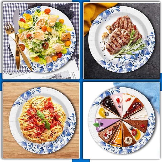 Charmount Paper Plates Bulk 8.5 Inch, 150pcs Disposable Plates, Blue Paper Plates for Parties and Daily Use, Soak Proof, Cut Proof, Flower Printed