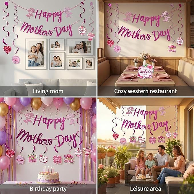 Happy Mothers Day Decorations Party Supplies Kit - Includes Glitter Happy Mother's Day Banner, 6 Paper Pom Poms, Hanging Swirls with Best Mom Ever - Rose Floral Mothers Day Theme Decor for Home Indoor