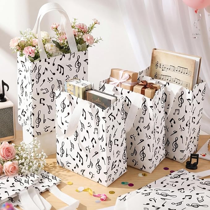 Supervitae 24 Pack Music Theme Gift Bags Medium Black Music Notes Party Favor Bags Musical Reusable Totes Non Woven Goodie Totes for Wedding Birthday Baby Shower Family Travel(9.8" x 7.9" x 3.9")