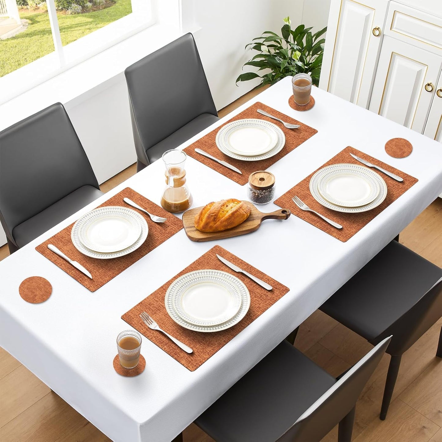 MOSAYT Placemats Set of 4, Heat Resistant Vinyl Place Mats with Coasters, 100% Waterproof Wipeable & Washable Faux Leather Table Mats for Kitchen Dining Party Indoor Outdoor, 12" x 18", Orange