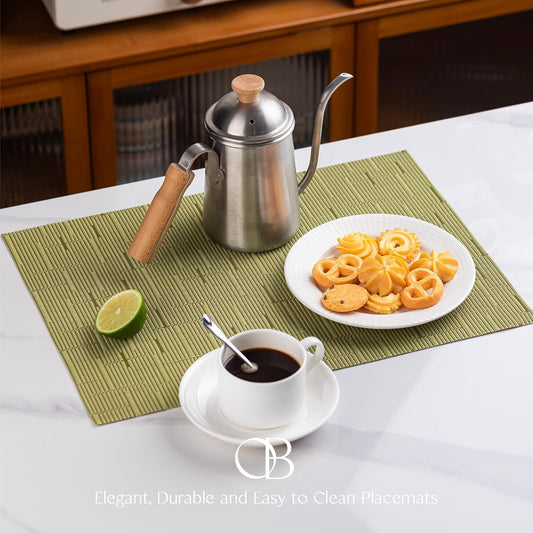 Placemats Set of 6 - Easy Clean Woven Vinyl Placemats for Dining Table, Indoor/Outdoor Place Mats, Washable PVC Table Mats (Pea Green)
